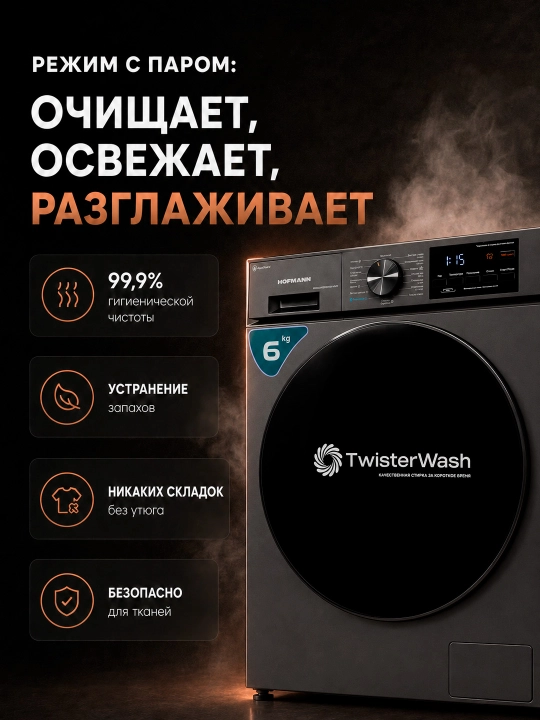 Стиральная машина Hofmann WM610BWH2/HF, 12 программ, 6 кг, BLDC Inverter мотор