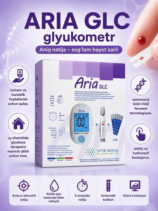 ARIA GLC qondagi glyukoza miqdorini o‘lchash uchun glyukometr - 