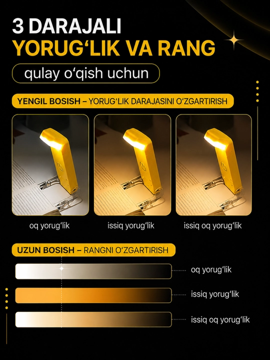 Kitob o‘qish uchun LED lampa – simsiz, USB zaryadli, 360° aylanuvchi