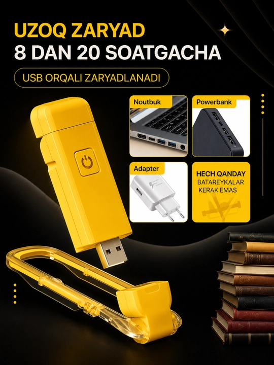 Kitob o‘qish uchun LED lampa – simsiz, USB zaryadli, 360° aylanuvchi