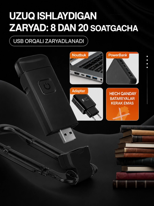LED лампа для чтения книг – беспроводная, с USB зарядкой, поворотная на 360°