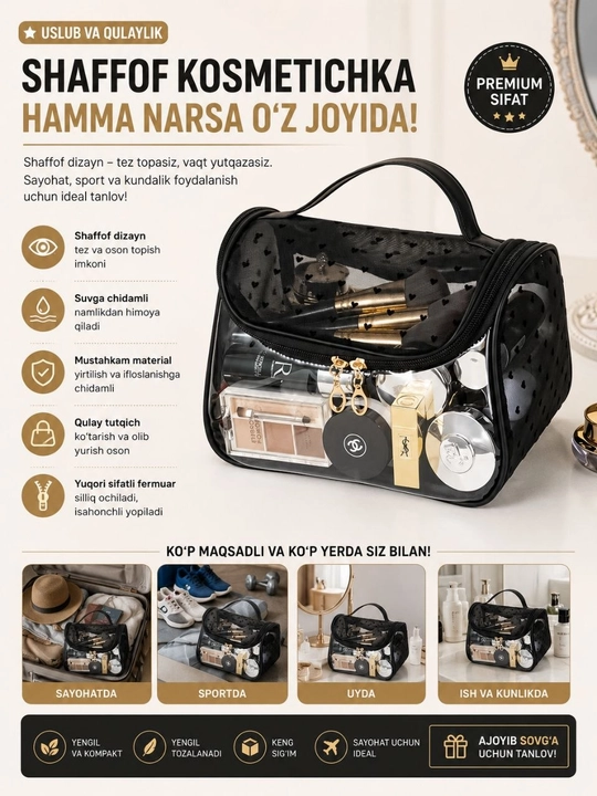 Shaffof kosmetichka - Premium sifat suvga chidamli make-up sumka - Yurak dizayn