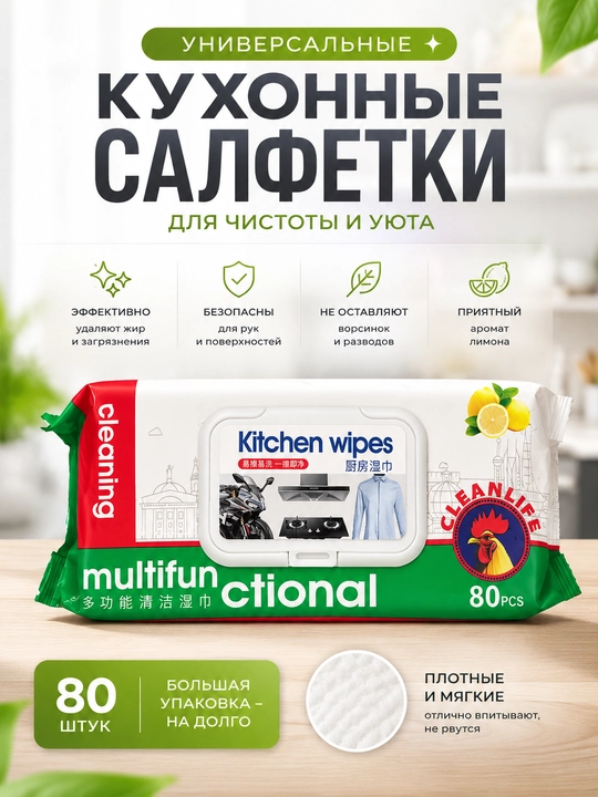 Влажные кухонные салфетки универсальные 80 штук для удаления жира и уборки поверхностей - 