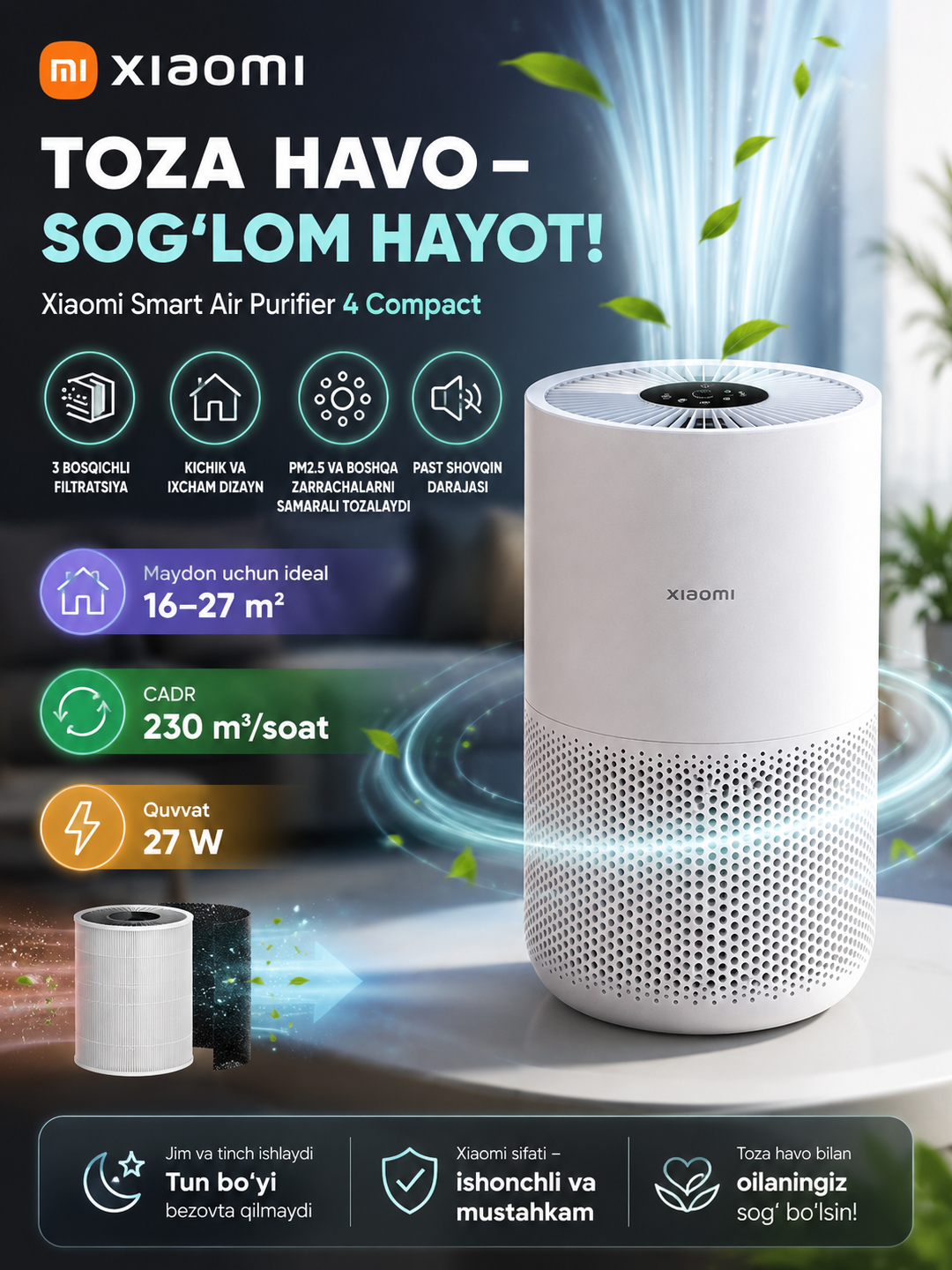 Xiaomi Smart Air Purifier 4 Compact – H13 HEPA havo tozalagich (27 m²) - 