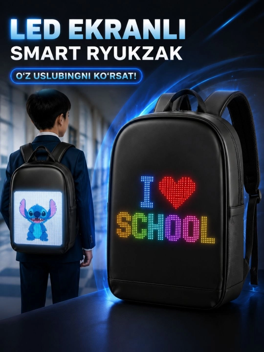 LED ekranli aqlli bolalar ryukzagi – Telefon orqali boshqariladigan, animatsiya va yozuvli