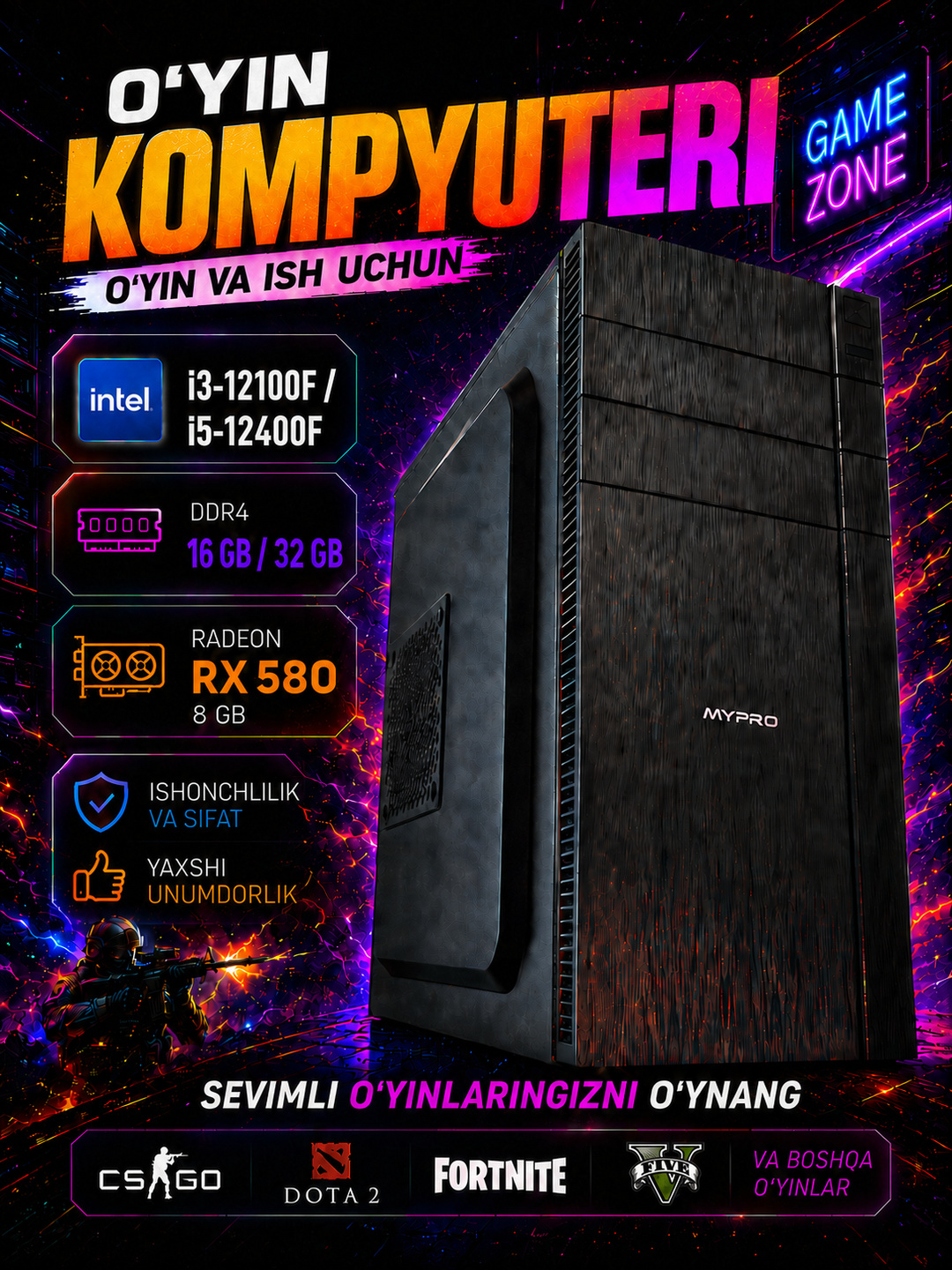 O'yin kompyuter, Core i3-12100F/i5-12400F, Radeon RX580 8GB-zamonaviy tayyor kompyuterlar
