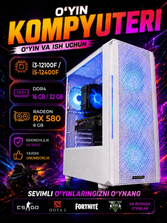 O'yin kompyuter, Core i3-12100F/i5-12400F, Radeon RX580 8GB-zamonaviy tayyor kompyuterlar