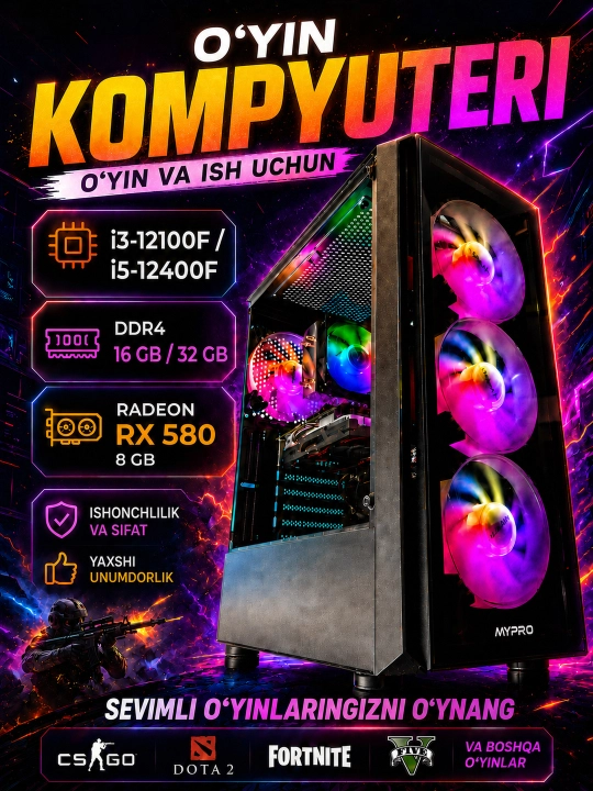 O'yin kompyuter, Core i3-12100F/i5-12400F, Radeon RX580 8GB-zamonaviy tayyor kompyuterlar