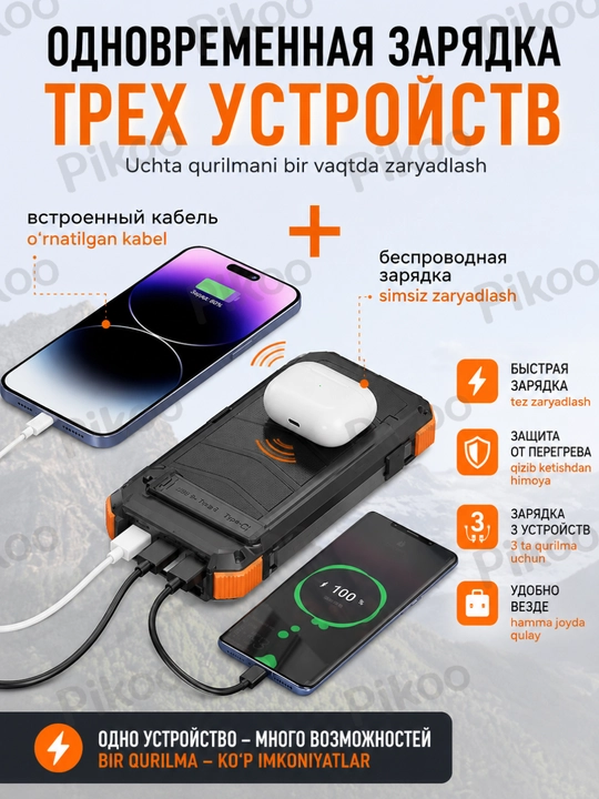 Powerbank Type-C Lightning quyosh panelli tashqi akkumulyator USB chiroq