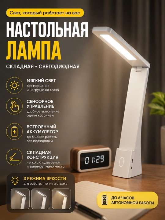 Настольная светодиодная лампа складная аккумуляторная сенсорная 3 режима яркости LED - 