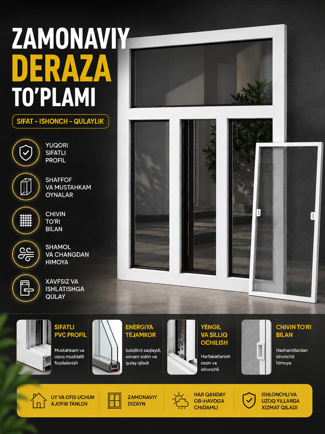 Premium PVC Deraza To'plami Chivin To'ri Bilan – Oqartirilgan Energiya Tejamkor Deraza - 