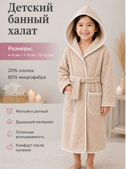 Детский халат, детский банный халат, микрофибра, халат с капюшоном - 