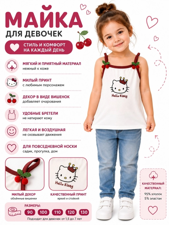 Майка детская для девочек хлопковая с кружевом, летняя, размеры 90–130 - 