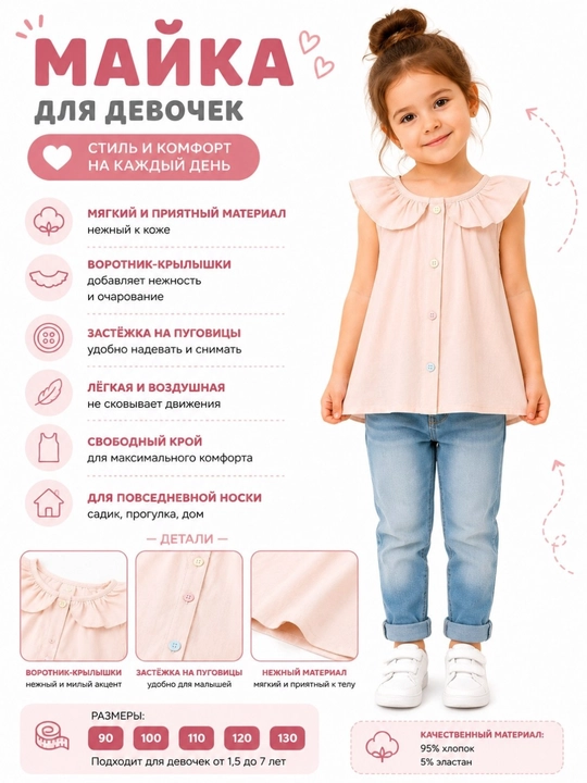 Майка детская для девочек хлопковая с кружевом, летняя, размеры 90–130 - 