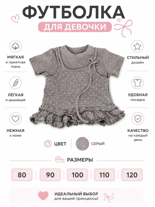 Майка детская для девочек хлопковая с кружевом, летняя, размеры 90–130 - 