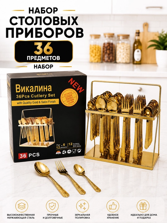 Набор столовых приборов 36 предметов из стали, ложки, вилки, чайные ложки, золотой цвет - 