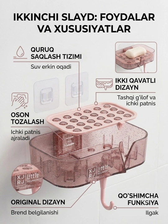 Devorga yopishadigan sovun idish ilgakli, vannaga suv oqadigan oyna taglikli organayzer