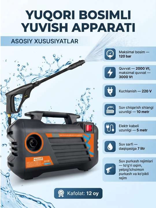 Yuqori bosimli elektr yuvish avto-moykasi 2500 Vt, 120 BAR, penogenerator bilan, apparat