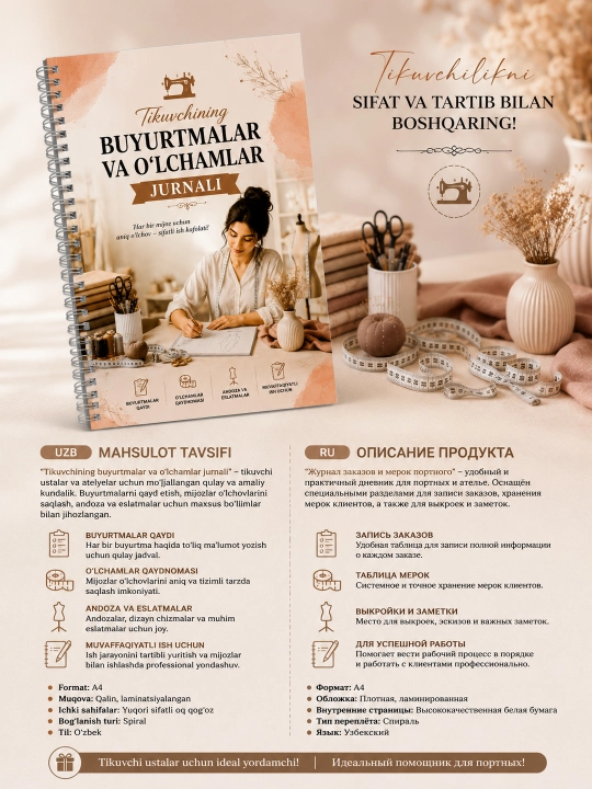 Tikuvchilar uchun buyurtmalar va o‘lchamlarni qayd etish jurnali A4 formatda
