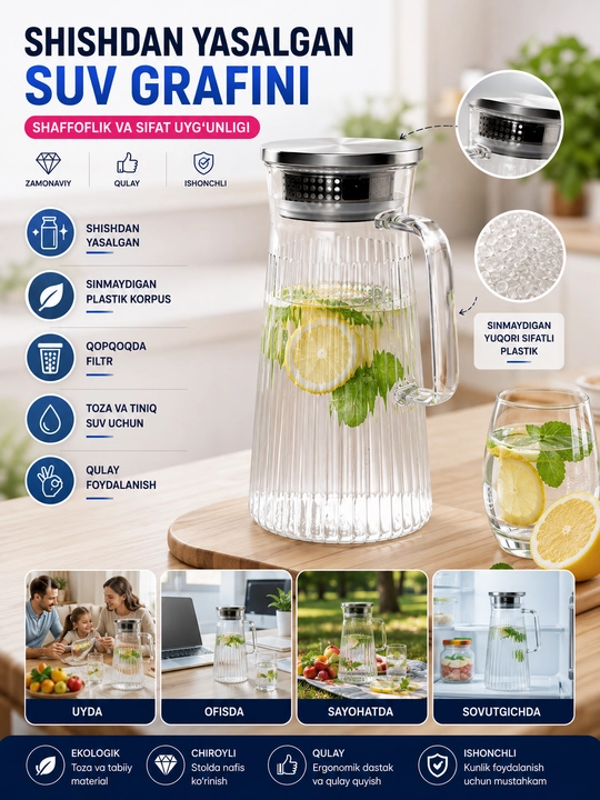Sinmaydigan plastik grafin 1,6 l, metall filtrli qopqoq, suv, kompot va limonad uchun