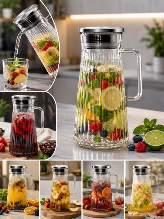 Sinmaydigan plastik grafin 1,6 l, metall filtrli qopqoq, suv, kompot va limonad uchun