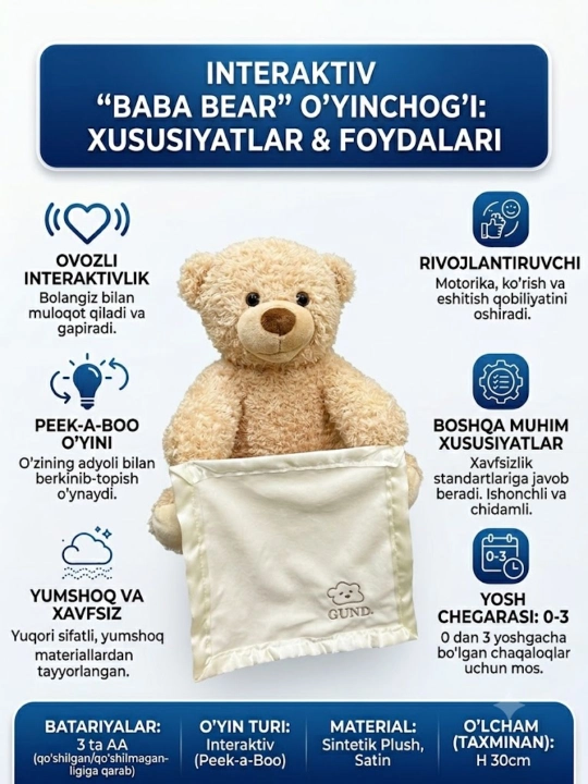 Интерактивный мишка Baba Bear с игрой Peek-a-Boo, озвученный, 0–3 года - 