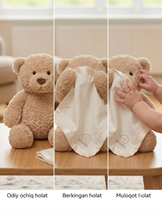 Interaktiv Baba Bear ayiqcha, Peek-a-Boo o‘yini, ovozli, 0–3 yosh