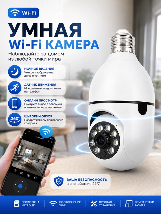 Умная Wi-Fi камера видеонаблюдения E27 360° | Камера-лампа на патрон приложение ICSee - 