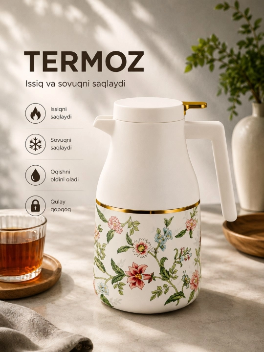 Termoz ko'za qopqoqli gul naqshli ichimlik idishi - 