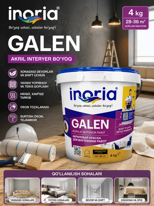 Inoria GALEN akril interyer bo'yoq, ichki devor va shift uchun oq mat - 