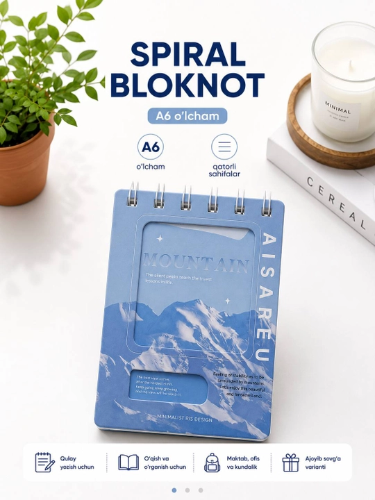 Spiral shaklidagi A6 bloknot, chiziqli sahifalar, 4 xil dizayn varianti, yozuvlar uchun mini-bloknot - 