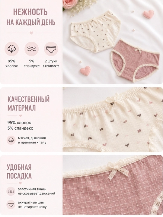 Ayollar va qizlar uchun ichki kiyim to'plami, paxtali trusiklar, slip, to`plamda 2 dona