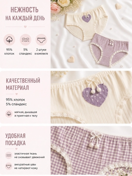 Нижнее белье для женщин и девушек, трусы из хлопка, слип, 2 предмета в наборе