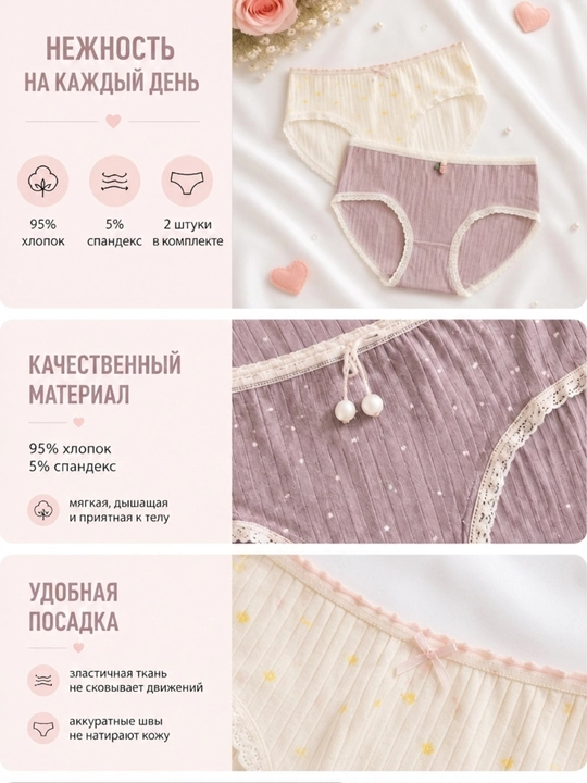 Нижнее белье для женщин и девушек, трусы из хлопка, слип, 2 предмета в наборе