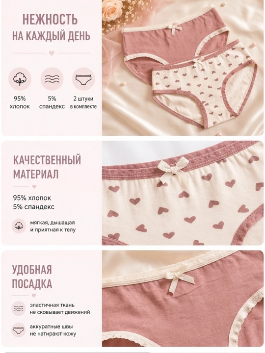 Нижнее белье для женщин и девушек, трусы из хлопка, слип, 2 предмета в наборе