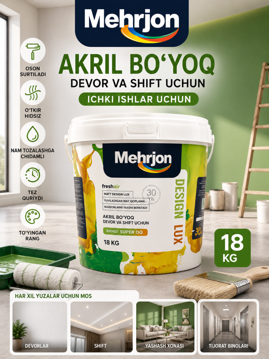 Mehrjon akril interyer bo'yoq, ichki devor va shift uchun - 