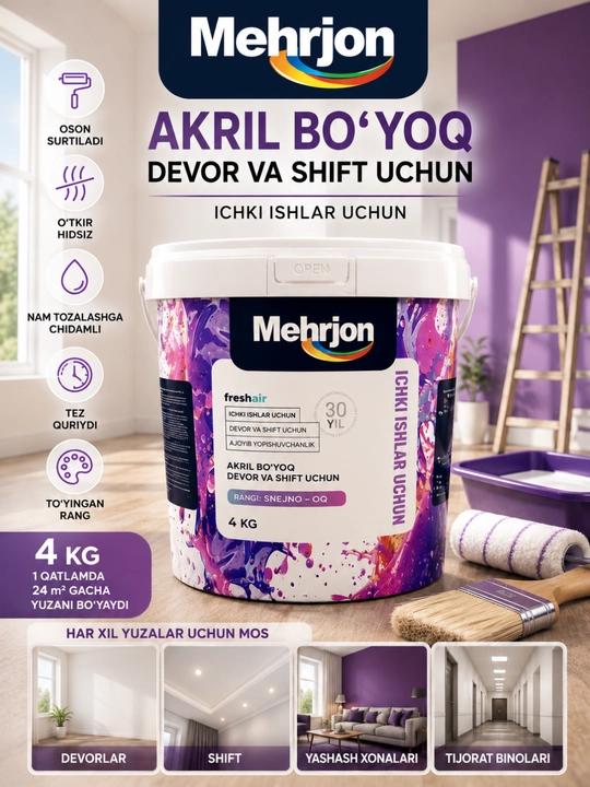Mehrjon akril interyer bo'yoq, ichki devor va shift uchun