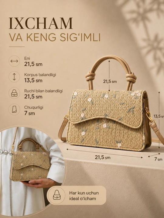 Sumka ayollar uchun, kross-bodi, mini, yelkama sumka, somondan, to‘qilgan