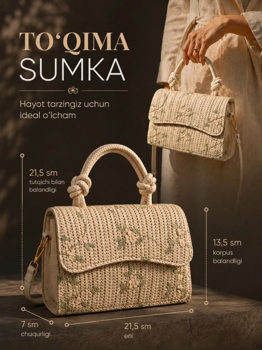 Sumka ayollar uchun, kross-bodi, mini, yelkama sumka, somondan, to‘qilgan