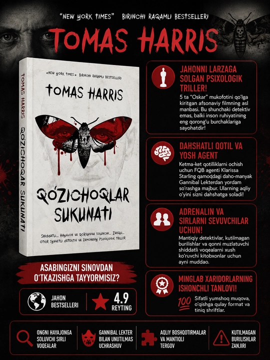 Qizil Ajdarho, Qo'zichoqlar sukunati, Ganibbal Tomas Harris, triller badiiy kitoblar