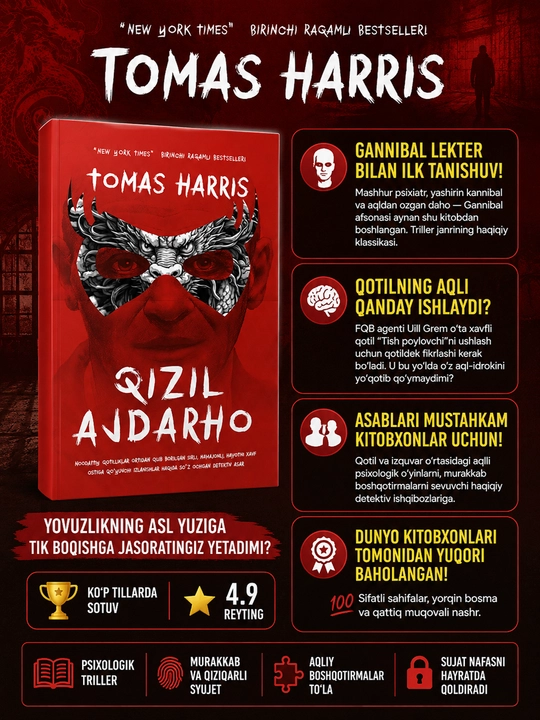 Qizil Ajdarho, Qo'zichoqlar sukunati, Ganibbal Tomas Harris, triller badiiy kitoblar