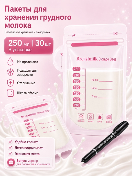 Пакеты для хранения грудного молока, 30 штук, стерильные, для заморозки - 