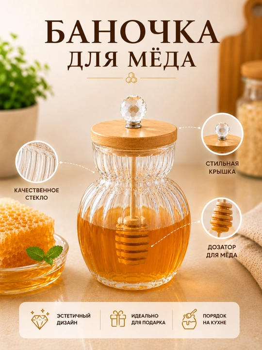 Стеклянная баночка для мёда с деревянной ложкой  - 