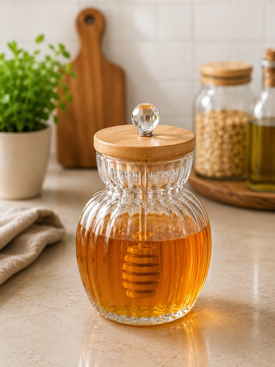 Стеклянная баночка для мёда с деревянной ложкой 