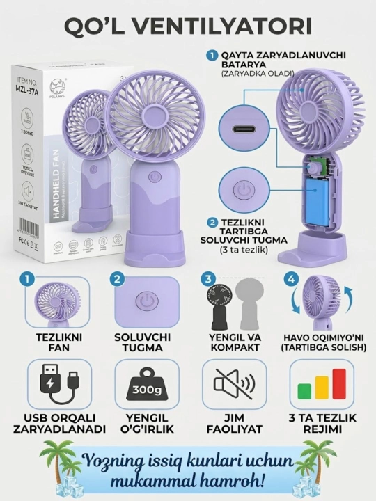 Portativ mini ventilyator USB, 3 tezlikli, zaryadlanadigan