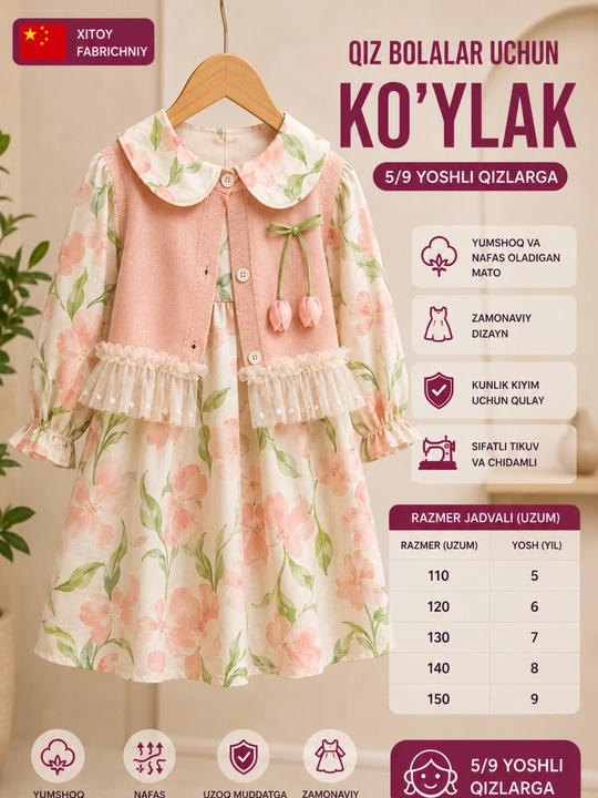 Qiz bolalar uchun gulli uzun yengli ko‘ylak va jilet to‘plami