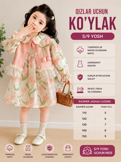Комплект для девочек: платье с длинным рукавом и жилет — 9191917-LOLAKUY2XIL-ПУДР-8 лет
