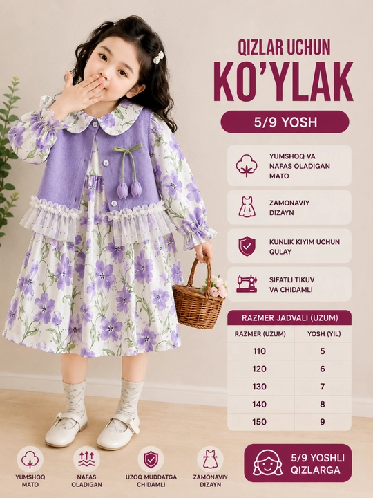 Qiz bolalar uchun gulli uzun yengli ko‘ylak va jilet to‘plami
