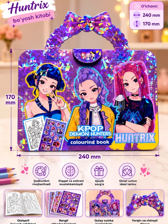 Детская раскраска Huntrix с наклейками, творческий набор для девочек, подарочная сумочка