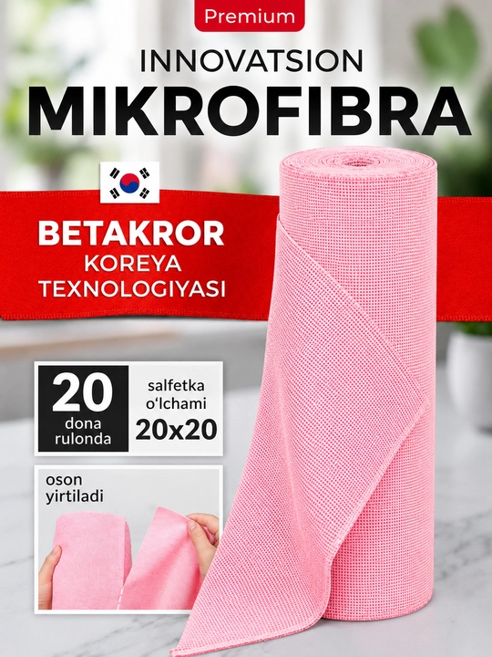 Салфетки из микрофибры в рулоне 20 штук, тряпки для уборки безворсовые, Корейская технология